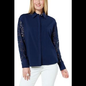 WynneCollection Button-Down Shirt with Lace Sleeves Blue - Regular